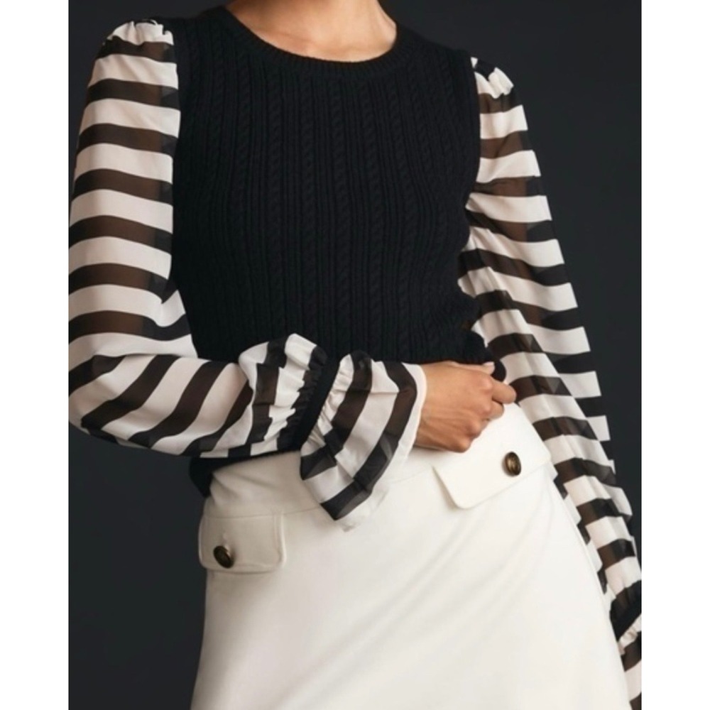 Maeve Anthropologie Contrast Stripe Sleeve Sweater Black White Women Medium